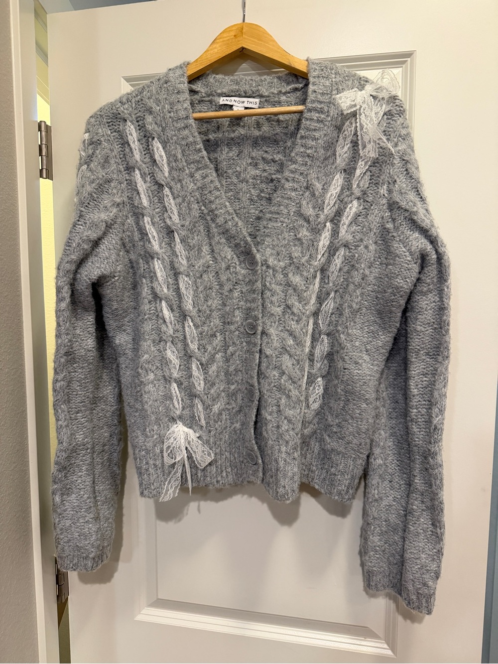 And Now This Heather Gray Lace- Bow Trim Cable Cardigan